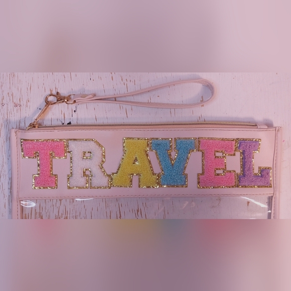 Chenille Letter Travel Zipper Pouch Bag Cosmetics Makeup Toiletry Vacation - Picture 2 of 7